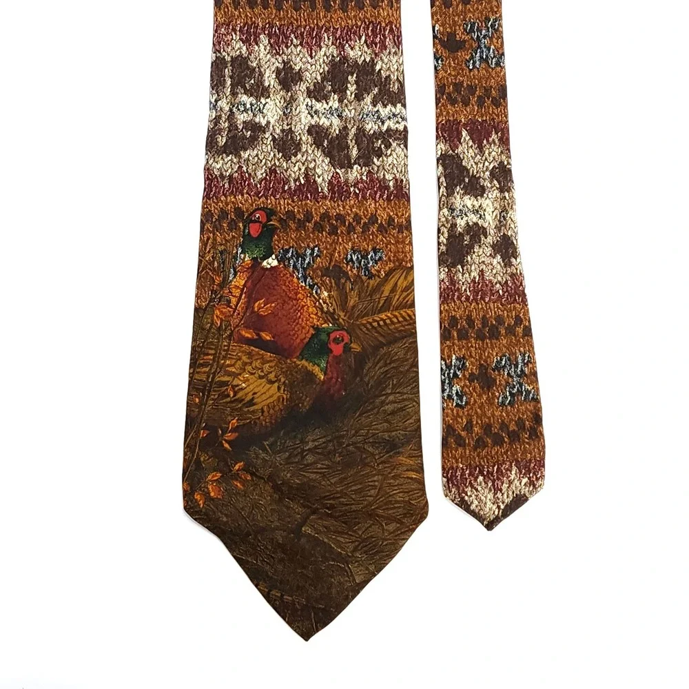 Vintage 90s Polo Ralph Lauren  Pheasant Bird Silk Neck Tie Brown Hand Made USA